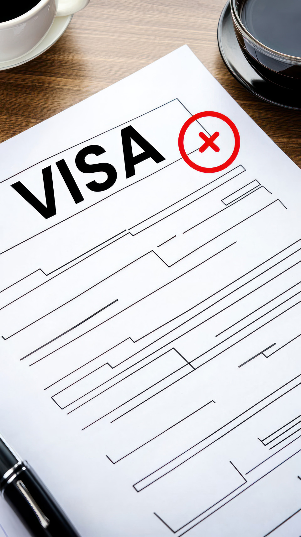 Paper showing a visa application rejection form for tourist purposes symbolizing denied travel, visa rejection, visa refusal, visa denied application theme