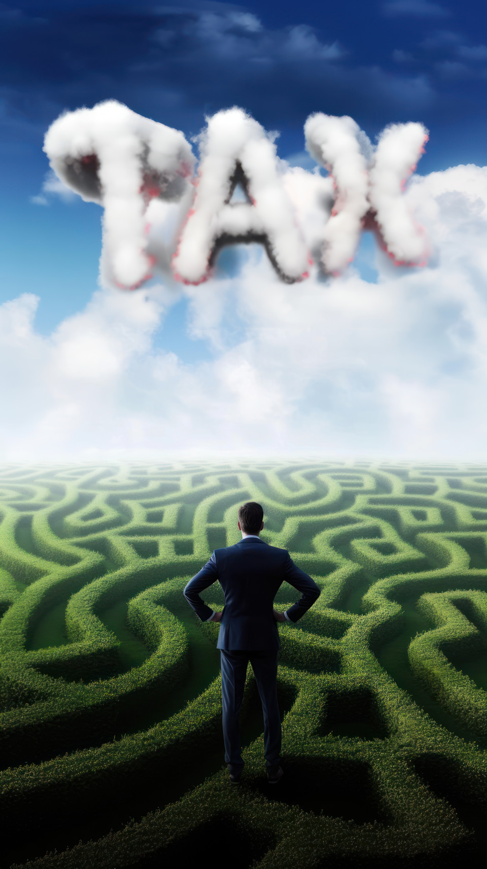 Businessman faces a maze with tax text in the sky, the scene symbolizes tax complexity, business strategies, and financial planning