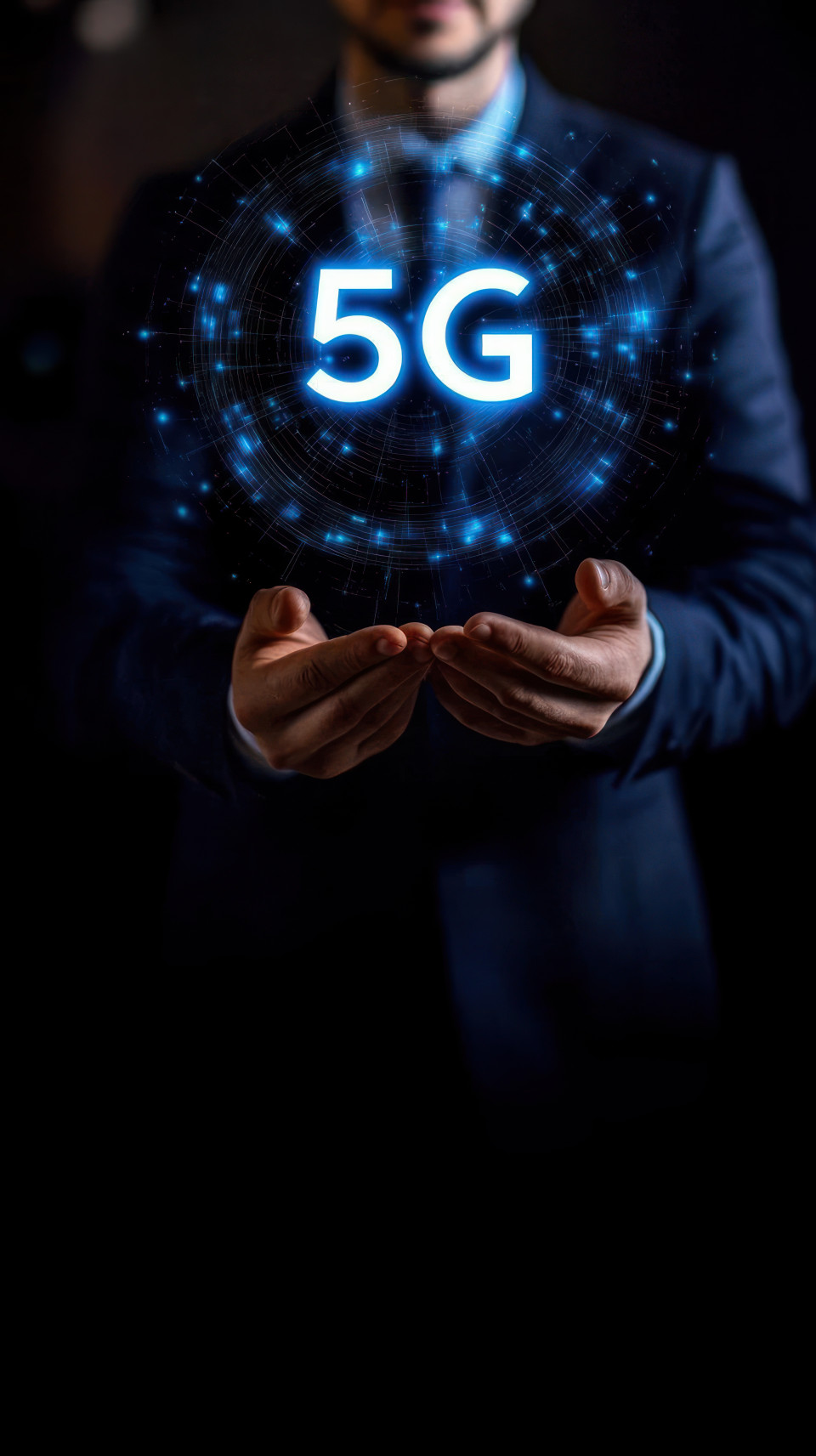 A businessman holding a 5g symbol with a wireless network on a dark background, showing internet speed, data flow, 5g activation, and 5g expansion