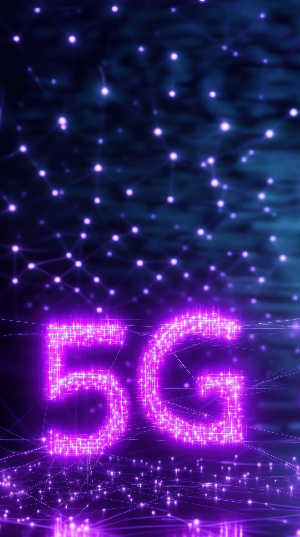 The word 5g formed by glowing purple digital connections on an abstract background, symbolizing 5g activation, internet speed, and data driven 5g expansion
