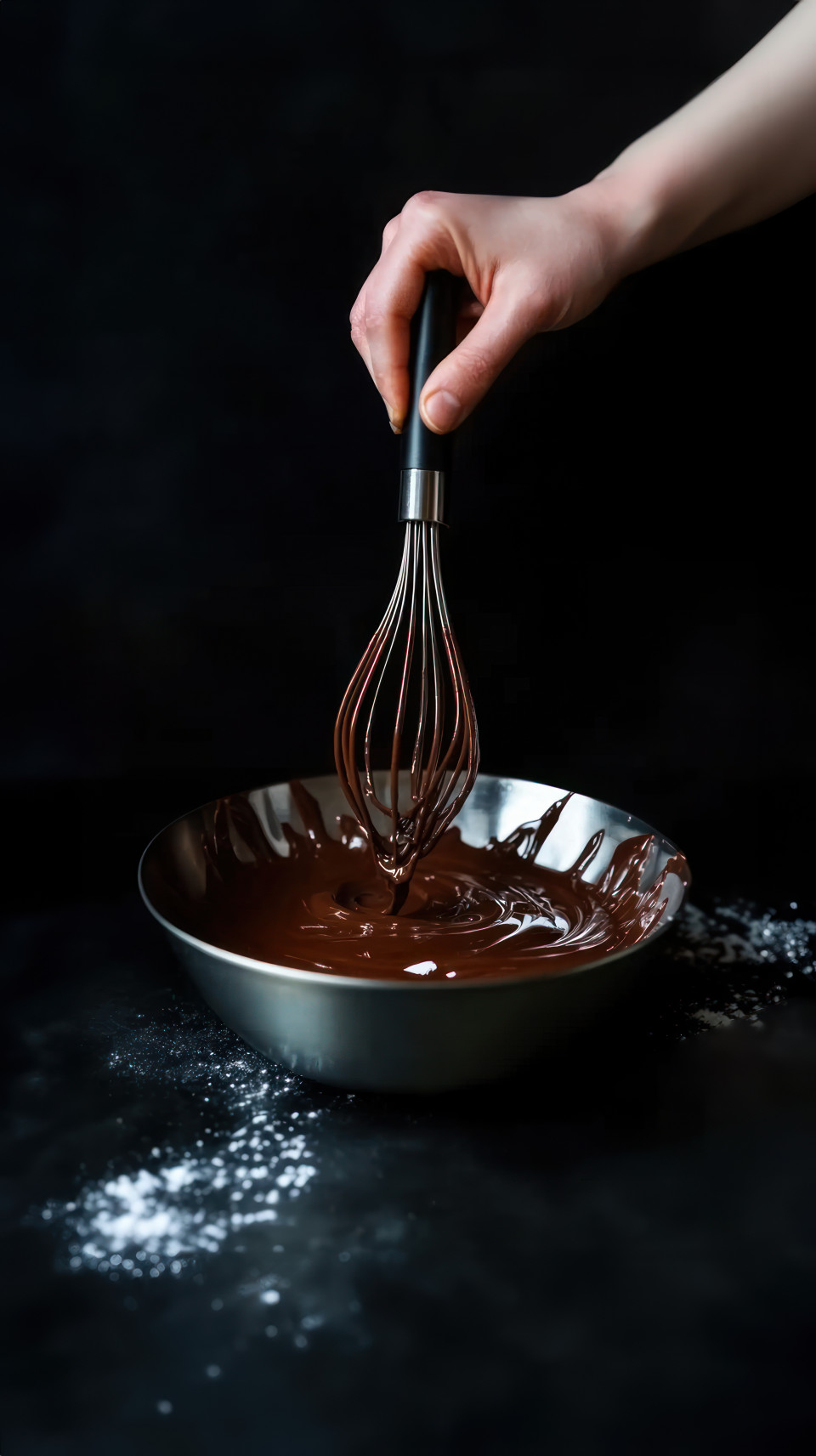 Hand holding a whisk over a bowl of smooth liquid chocolate, mixing process, chocolate making, chocolate workshop
