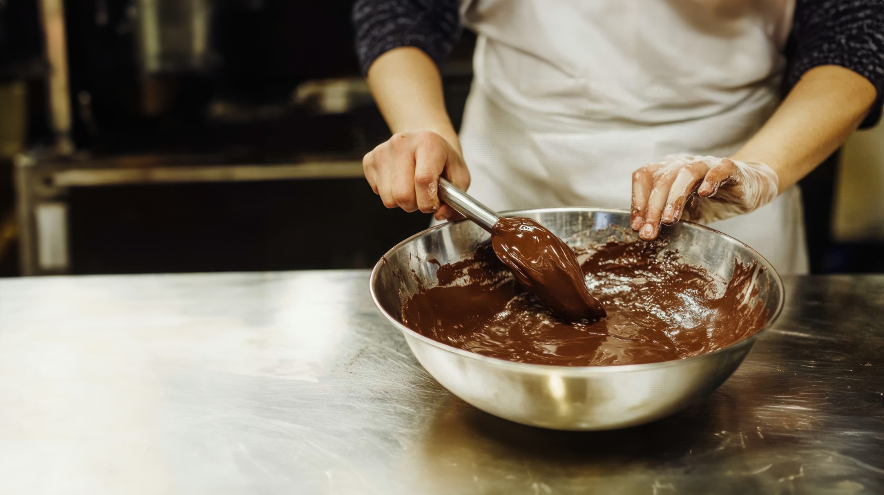 Person mixing melted chocolate in a bowl, rich and glossy, chocolate making, chocolate workshop