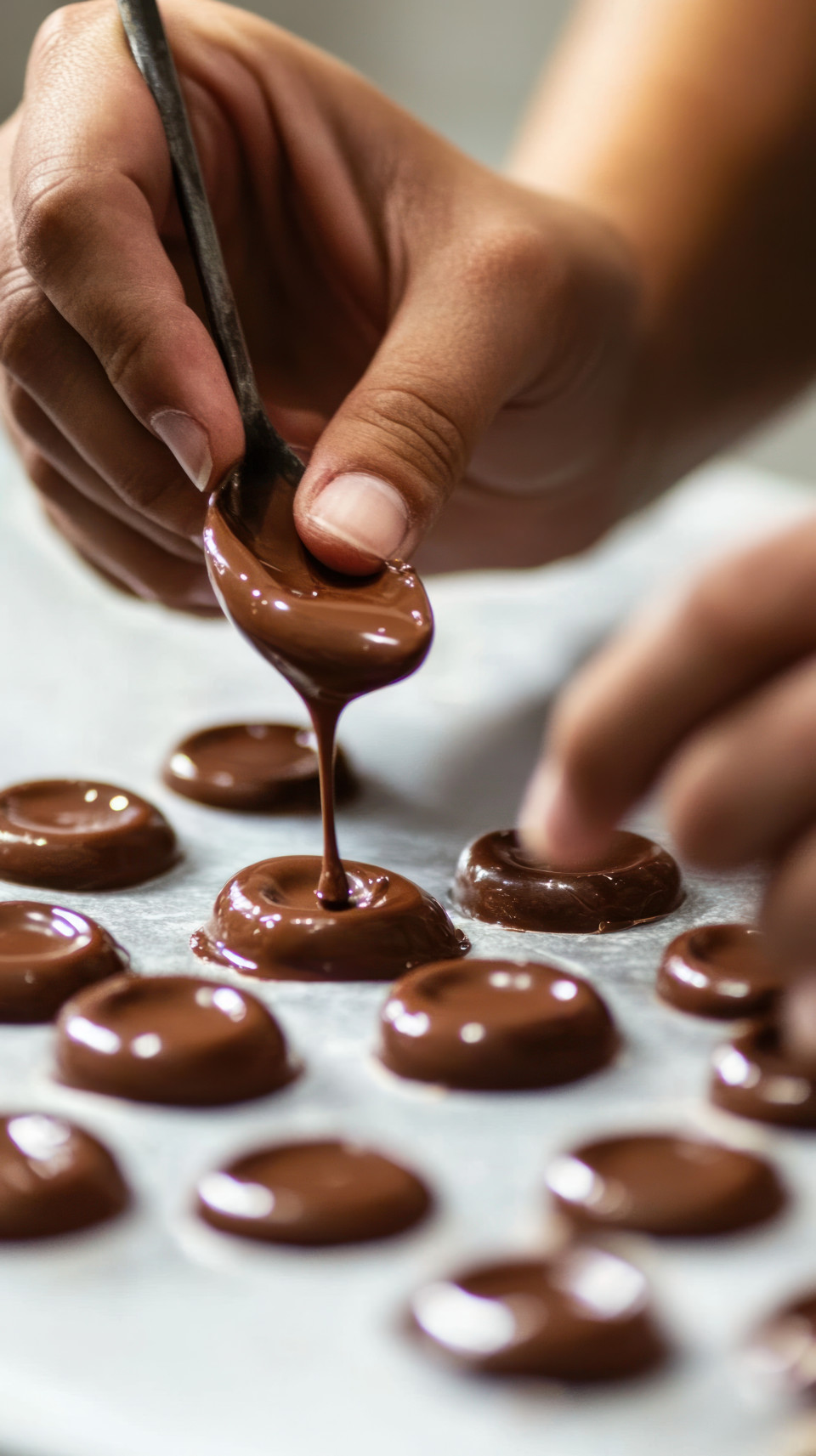 Hands using a spoon to fill chocolate molds, preparing chocolates, chocolate making, chocolate workshop