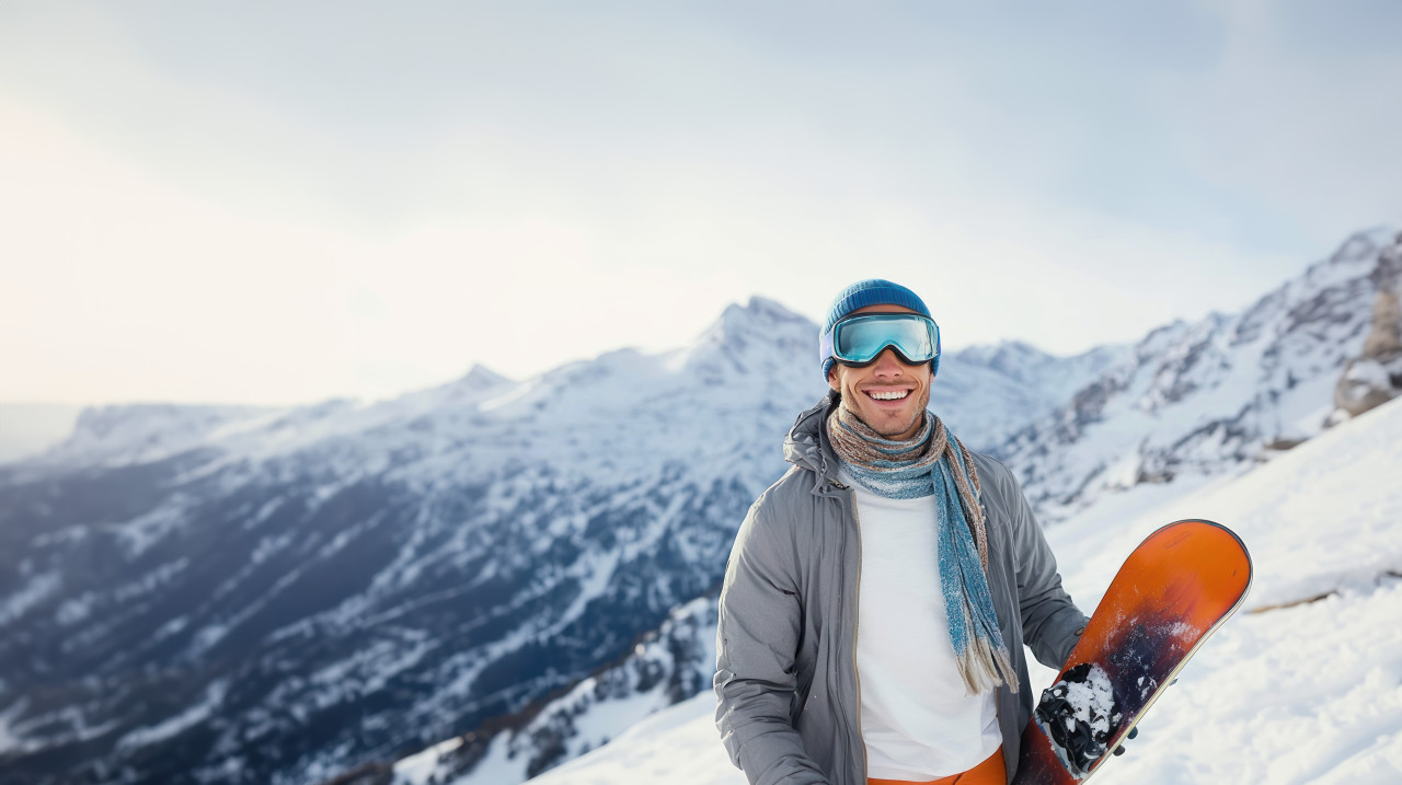 A smiling man wearing ski goggles and a scarf holds a snowboard, adventure park, adventure awaits, awaiting poster