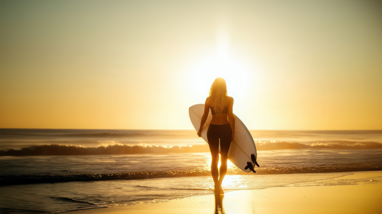 A woman holds a surfboard on the beach, adventure island, adventure awaits, awaiting poster