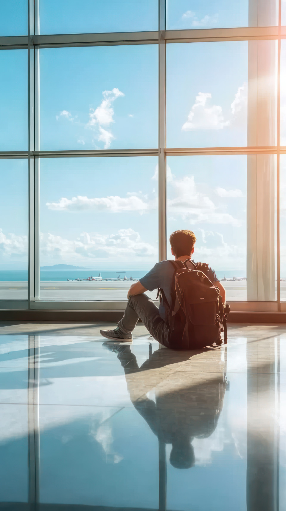 A man carrying a backpack sits on the floor near an airport window, adventure awaits, adventure island, awaiting poster
