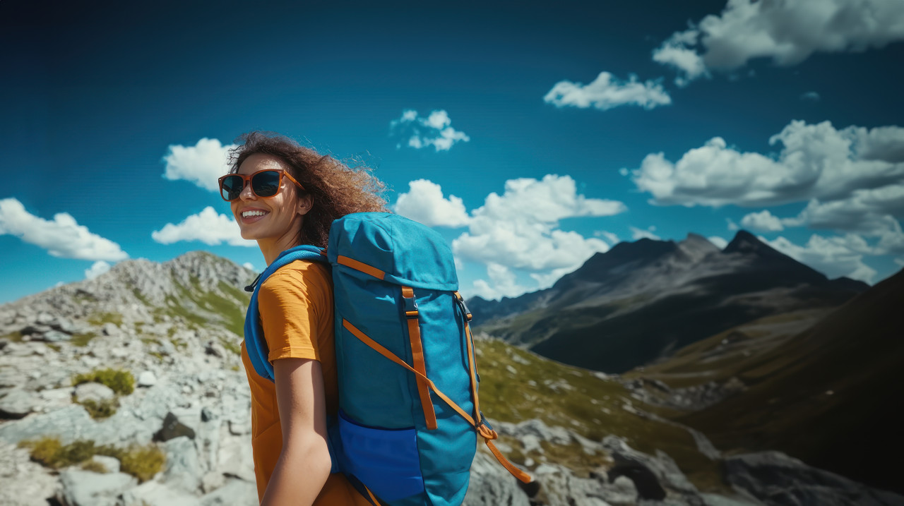 A happy woman wearing sunglasses and hiking while carrying a blue backpack, adventure awaits, adventure island, awaiting poster