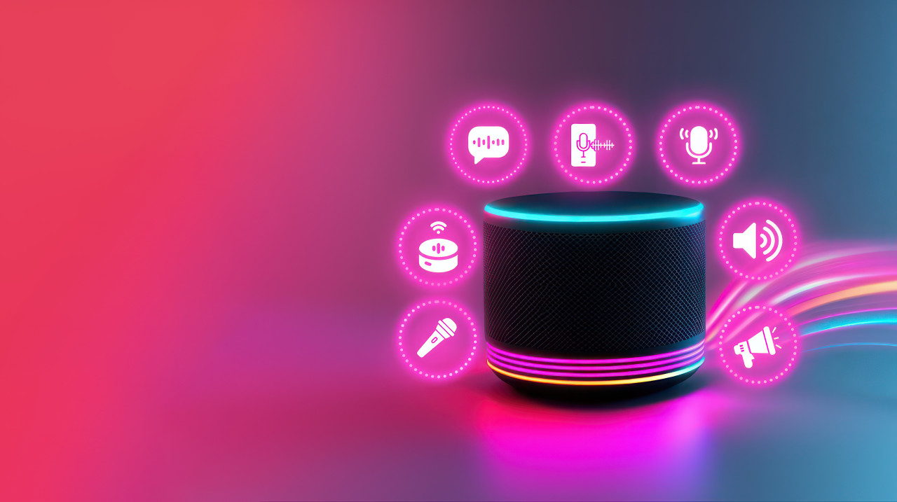 Black voice controlled home assistant with colorful sound waves and icons, smart speakers for voice commands and home automation