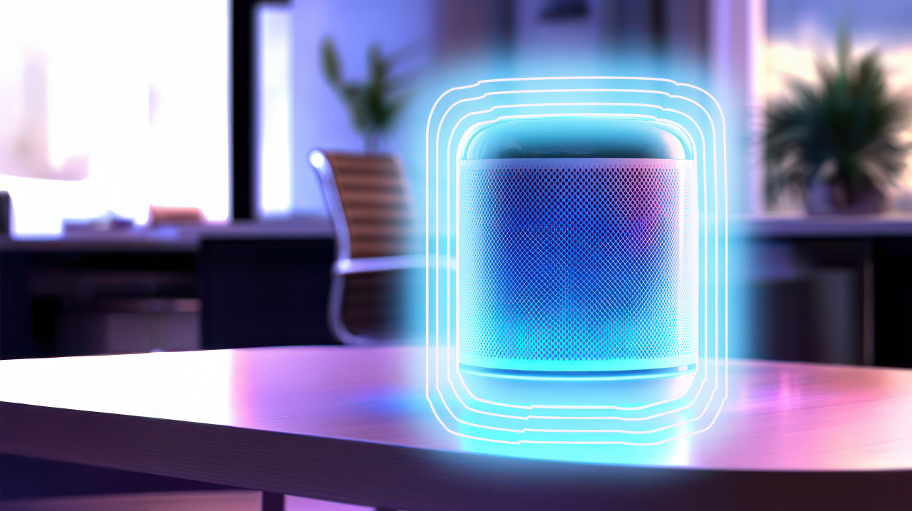 Voice controlled assistant with blue led lights glowing on a table in a room, smart speakers for home voice commands and automation