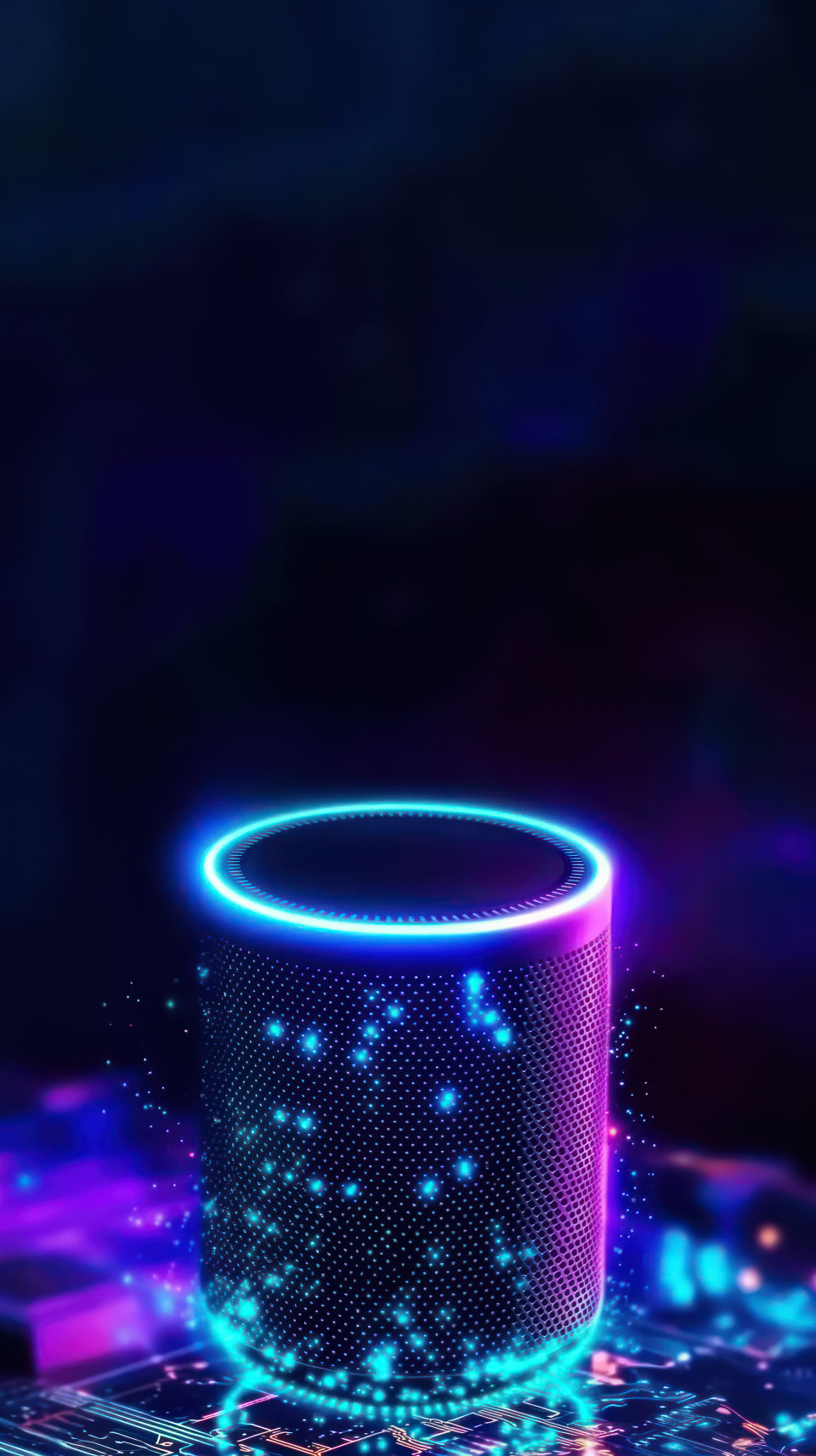 Voice assistant device with neon lights floating above a circuit board background, smart speakers for advanced ai voice control