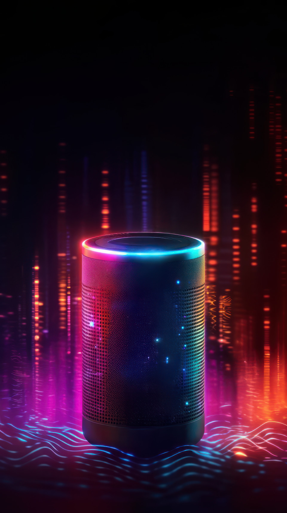 Voice assistant device glowing with vibrant colors and surrounded by futuristic patterns, smart speakers for home automation and voice control
