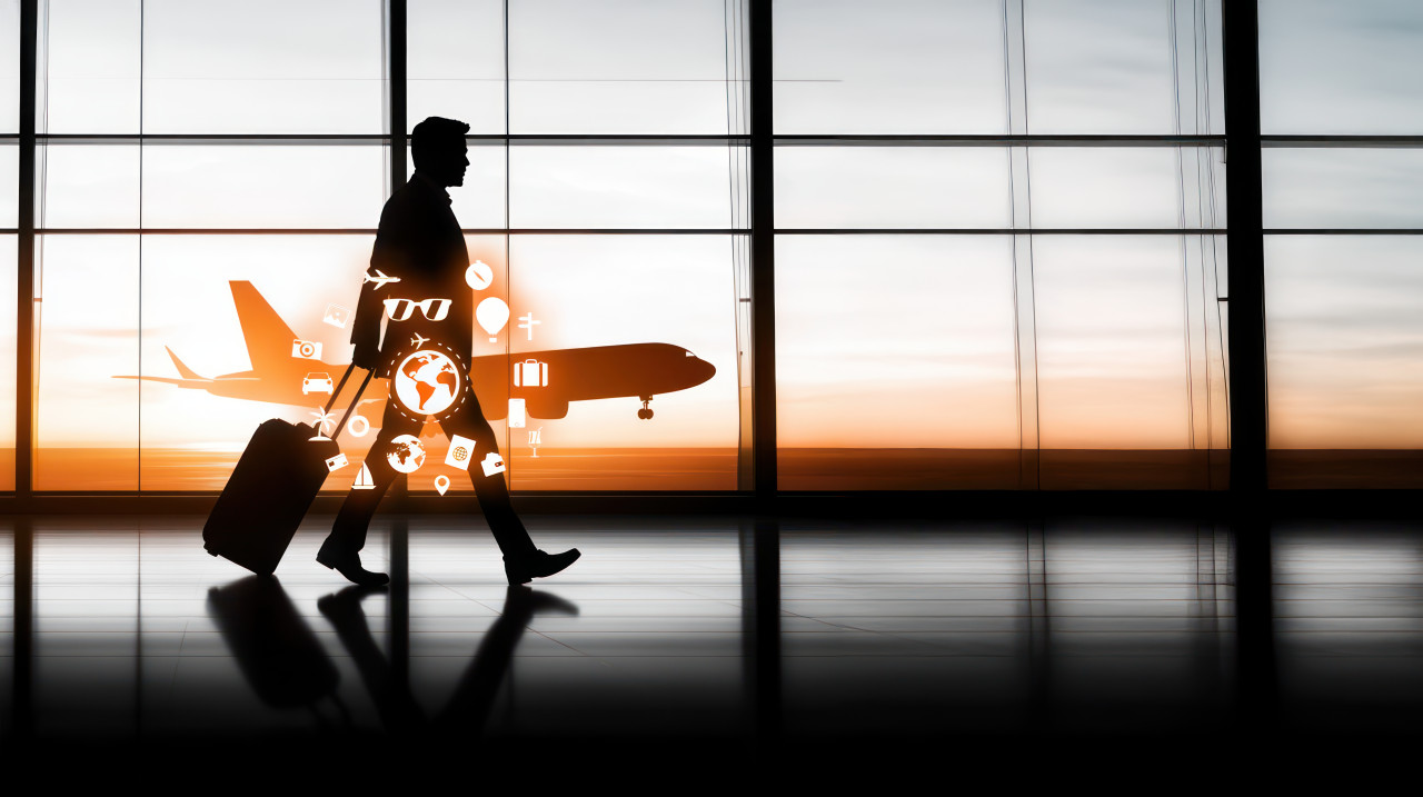 Silhouette of man with suitcase in airport terminal at sunset airplane in view, represents flight cancellations, airport delays, and travel disruptions