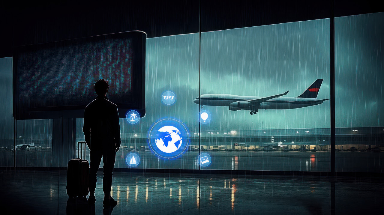 Man at airport with luggage gazing at large digital billboard, represents airport delays, travel disruptions, and cancelled flights