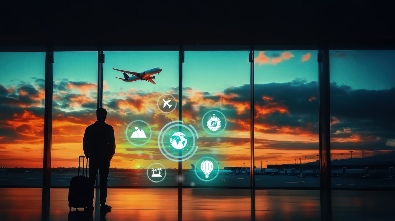Man standing in airport watching airplane fly at sunset, highlights cancelled flights, travel disruptions, and airport delays