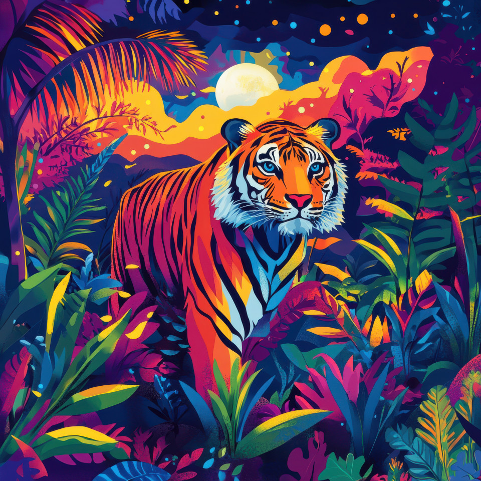 Tiger prowling through dense jungle under moonlight with bold outlines, exaggerated expressions, and dynamic poses, rendered in cartoon style drawing, jungle wildlife adventure concept