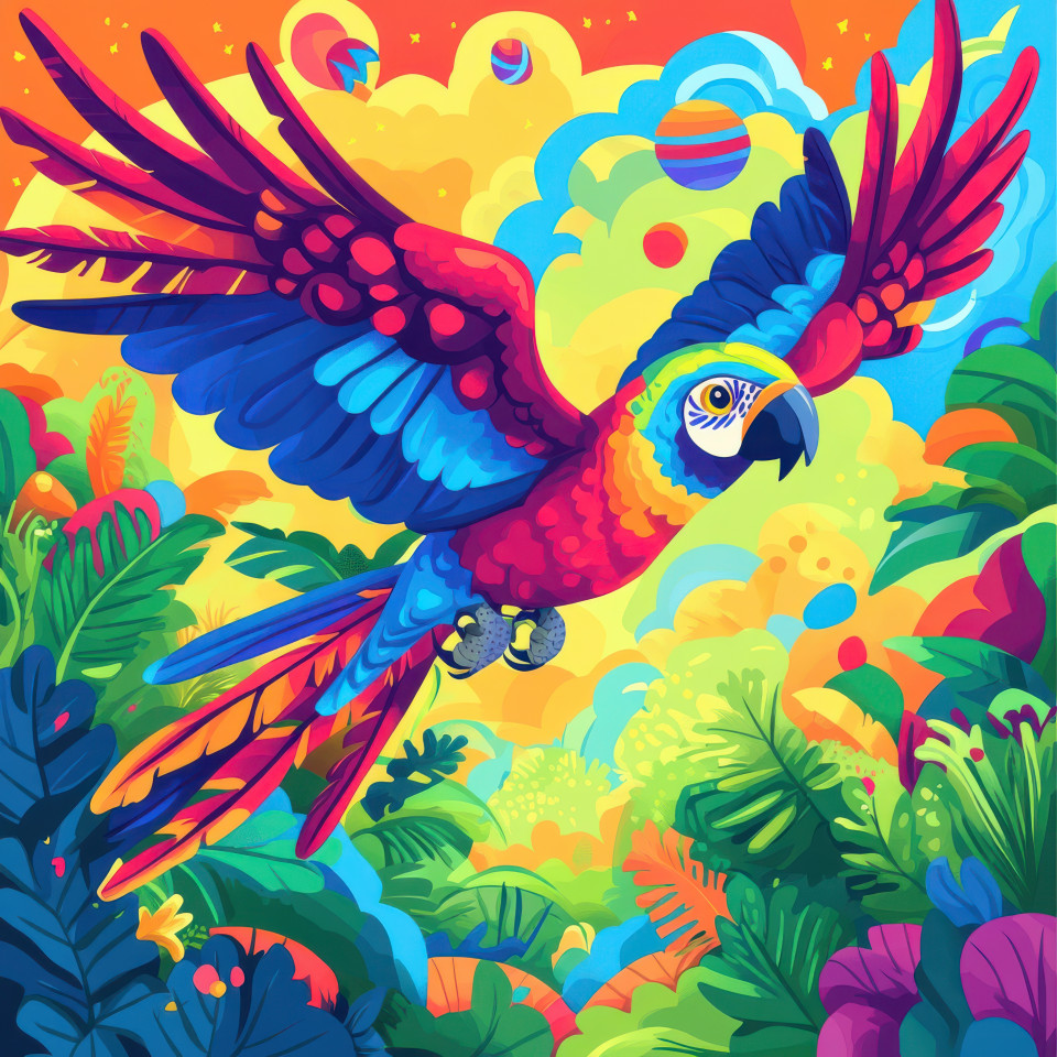 Colorful parrot flying over tropical rainforest with bold outlines, exaggerated expressions, and dynamic poses, rendered in cartoon style drawing, tropical wildlife concept