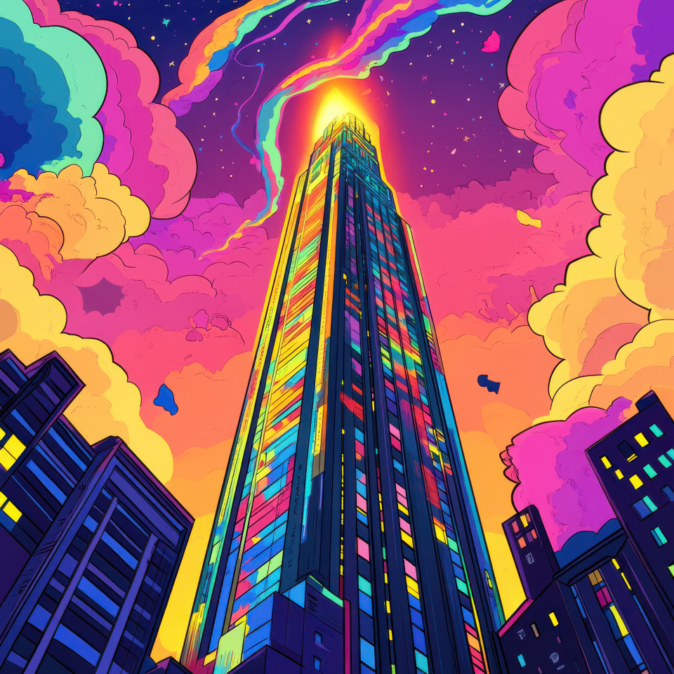 Towering skyscraper glowing at sunset with bold outlines, exaggerated expressions, and dynamic poses, rendered in cartoon style, urban skyline, and sunset scene concept