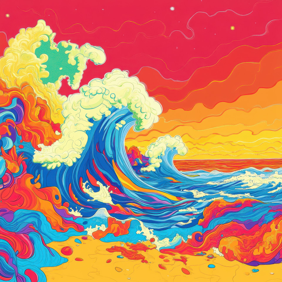 Waves crashing against a golden sandy shore at dawn with bold outlines, exaggerated expressions, and dynamic poses, rendered in cartoon style, beach waves, and ocean view concept