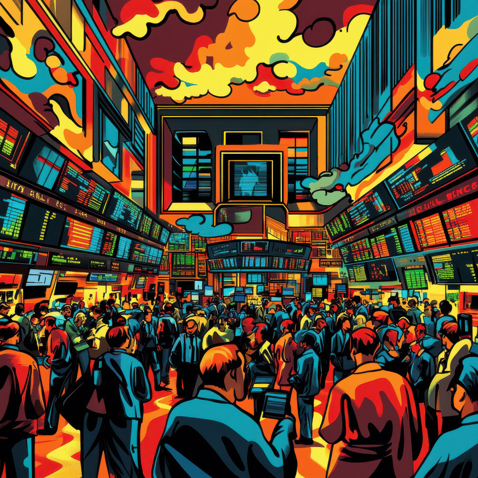 Bustling stock market floor filled with traders with bold outlines, exaggerated expressions, and dynamic poses, rendered in cartoon style drawing, financial industry concept