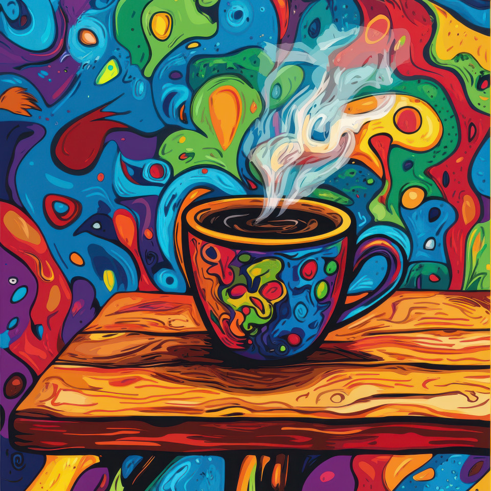 Steaming coffee cup on a rustic wooden table with bold outlines, exaggerated expressions, and dynamic poses, rendered in cartoon style, cozy morning drink concept