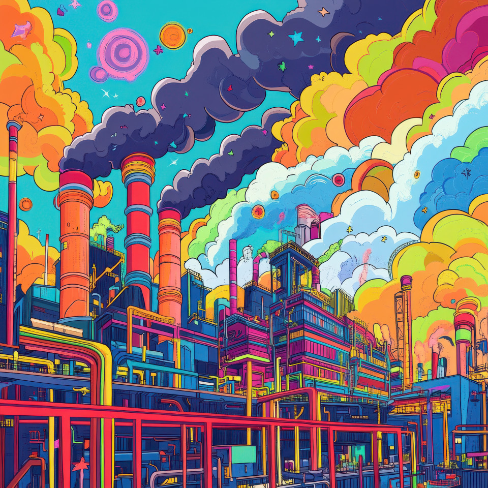 Steel factory with smoke rising into the sky, rendered in cartoon style drawing, bold outlines, exaggerated expressions, and dynamic poses, industrial production concept