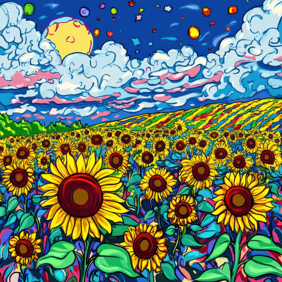 Vast field of sunflowers under a bright blue sky with bold outlines, exaggerated expressions, and dynamic poses, rendered in cartoon style, nature and flowers concept