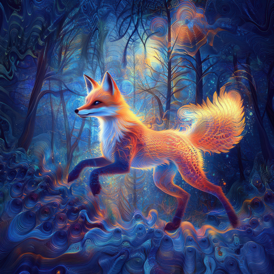 A fox darting through a misty forest at dawn, blending into a mesmerizing fractal art composition, nature and fractal artwork merge in a surreal display, fractal wall art, fractal artwork