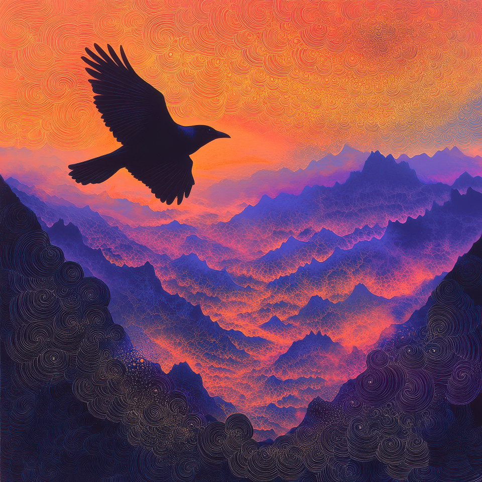 A crow soaring over a fog-covered mountain range, seamlessly woven into a mesmerizing fractal art composition, mysterious and dynamic scene, fractal wall art, fractal artwork