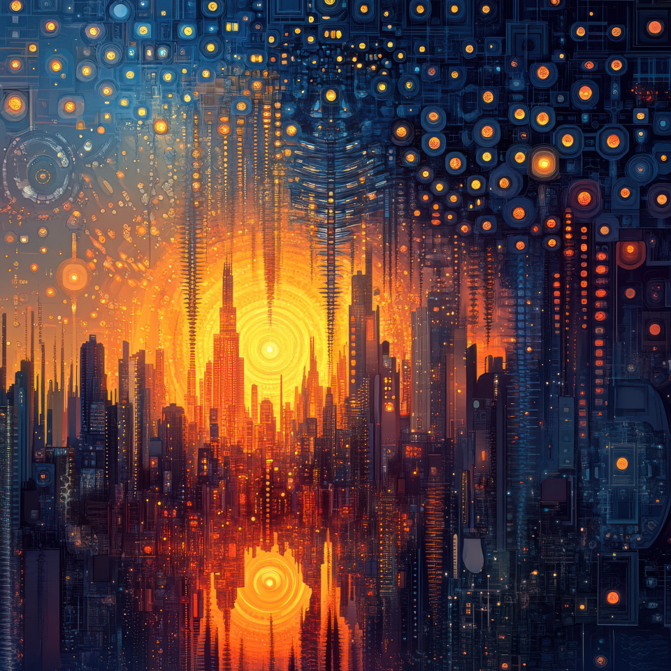 A modern city skyline gleaming at sunset, fused into a mesmerizing fractal art composition, urban beauty meets intricate digital patterns, fractal wall art, fractal artwork
