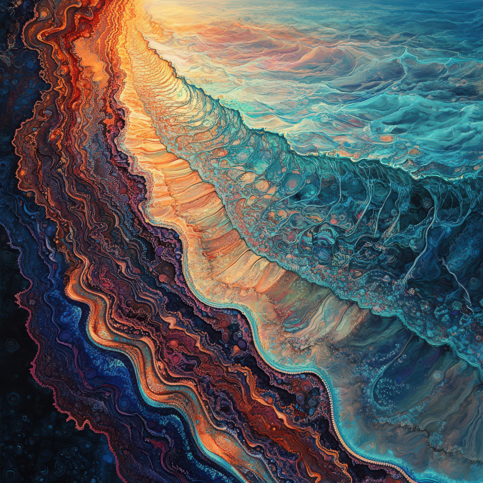 Waves rolling onto a quiet sunlit shore, harmonized with a mesmerizing fractal art composition, serenity and mathematical beauty unite, fractal wall art, fractal artwork