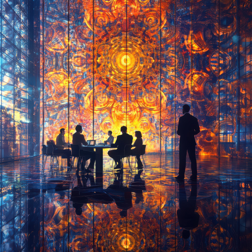 A team discussing strategies in a high-rise office, merged into a mesmerizing fractal art composition, business and creativity intersect, fractal wall art, fractal artwork