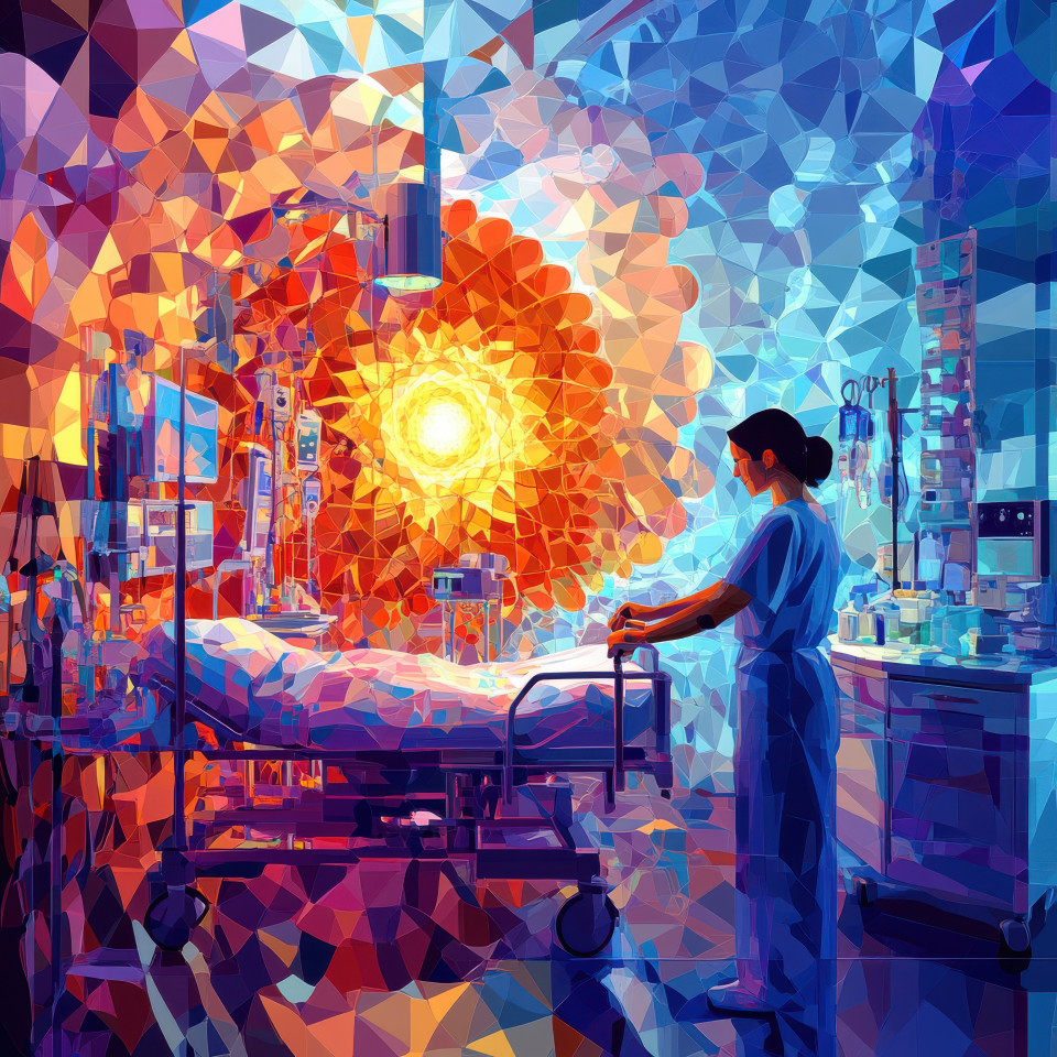 A nurse tending to patients in a bright hospital ward, seamlessly blended into a mesmerizing fractal art composition, compassion meets digital elegance, fractal wall art, fractal artwork