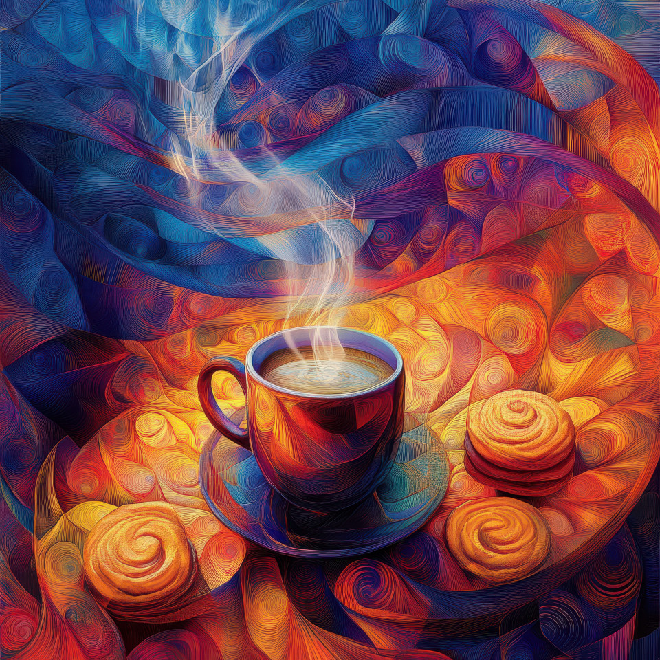 A steaming cup of coffee beside fresh pastries, artfully integrated into a mesmerizing fractal art composition, warmth and intricate patterns unite, fractal wall art, fractal artwork