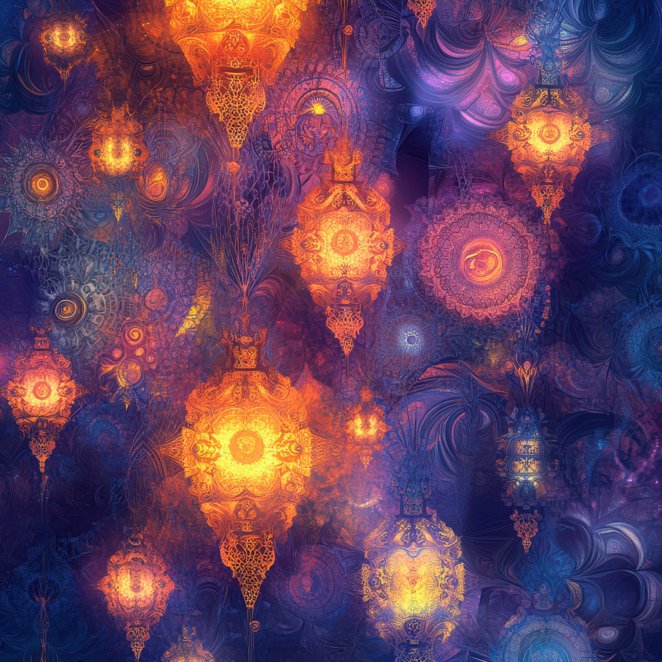 Lanterns floating in the sky during a night festival, merged into a mesmerizing fractal art composition, tradition and modern design blend, fractal wall art, fractal artwork