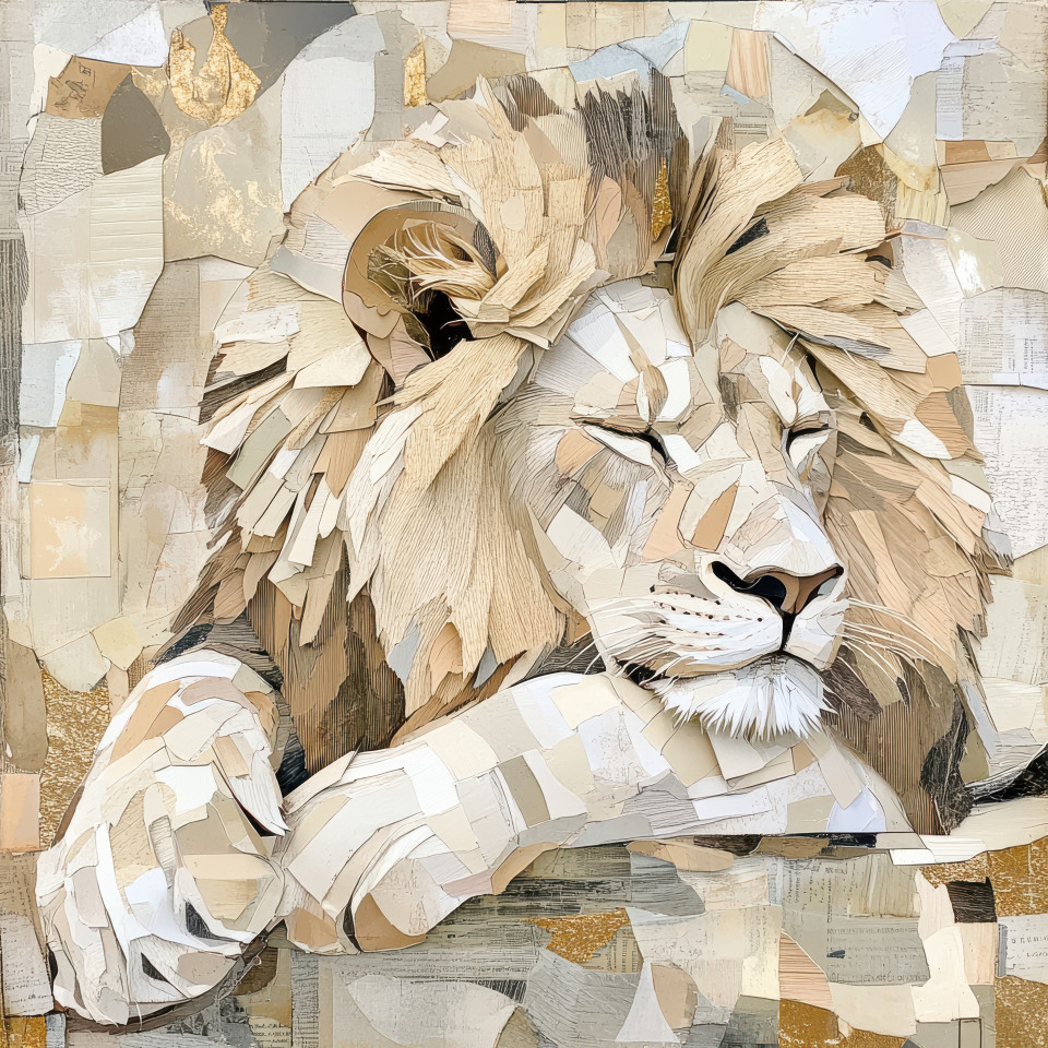 A lion resting with intricately crafted layered paper textures in a mixed media collage art style, the paper texture creates a bold and creative look, perfect for free paper texture themes