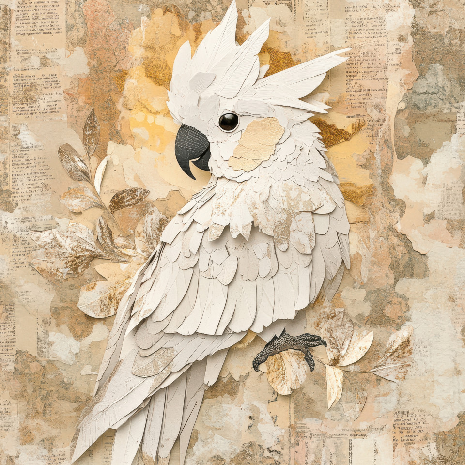 A parrot perched, intricately crafted with layered paper textures in a mixed media collage art style, its vibrant colors bring out the paper texture, ideal for white texture wallpaper