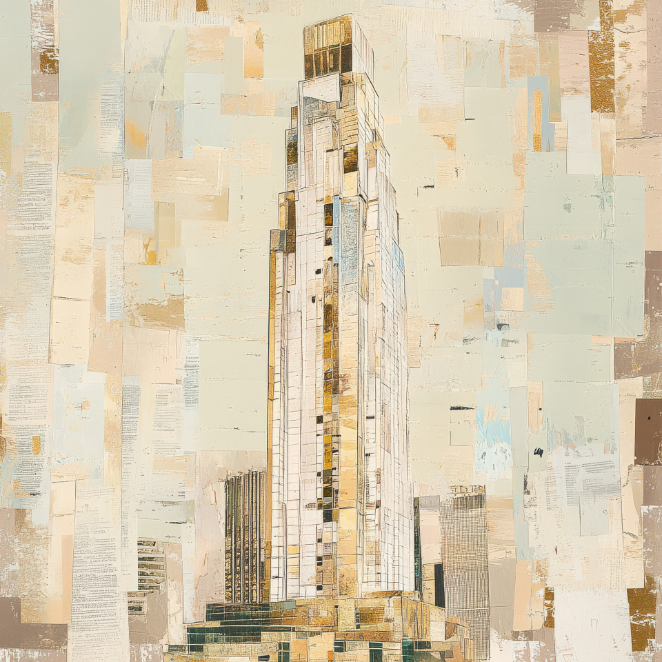 A towering glass skyscraper at dusk, crafted with layered paper textures in a mixed media collage style, the glowing lights highlight the paper texture, creating a striking urban scene