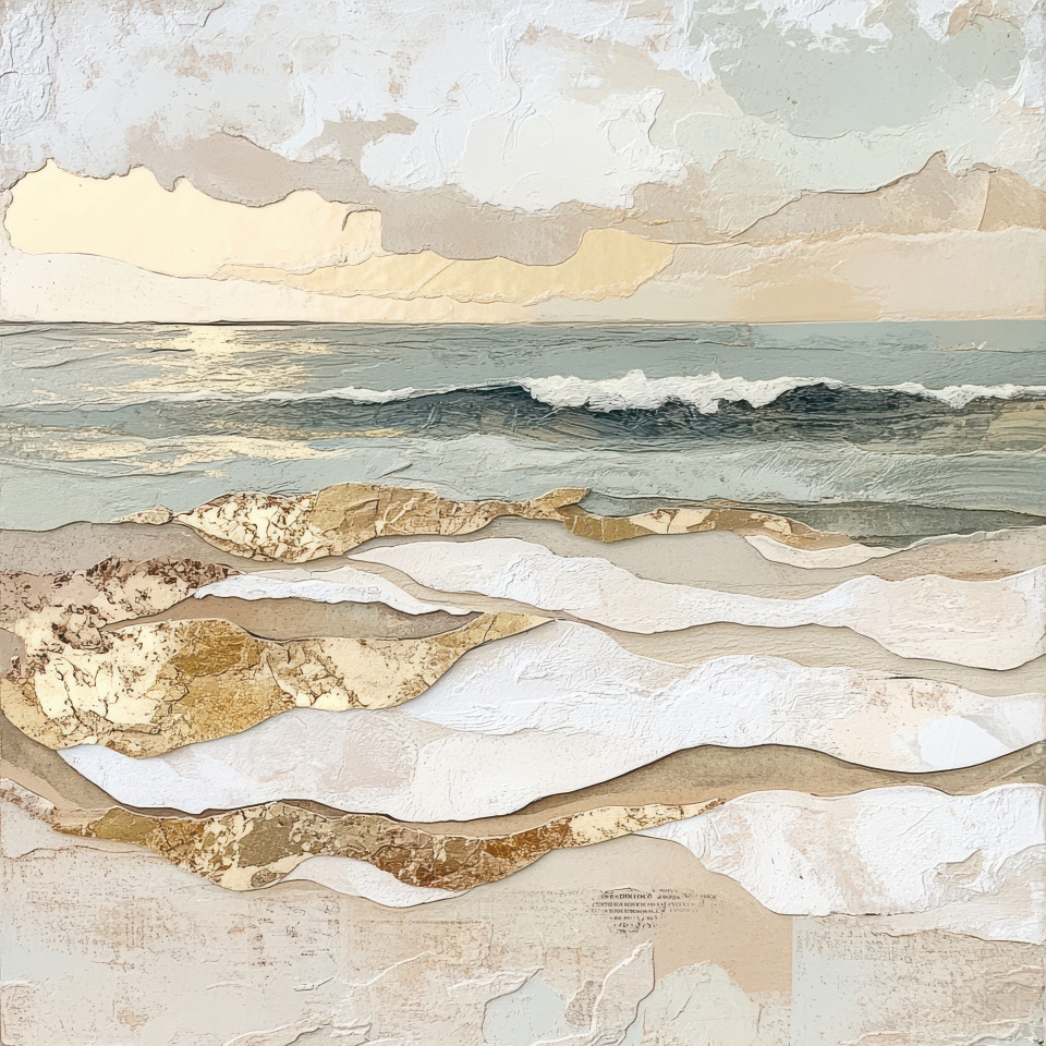 Waves gently crashing on a serene sandy shore, intricately crafted with layered paper textures in a mixed media collage style, the textures evoke a peaceful beach vibe, perfect for free paper texture searches