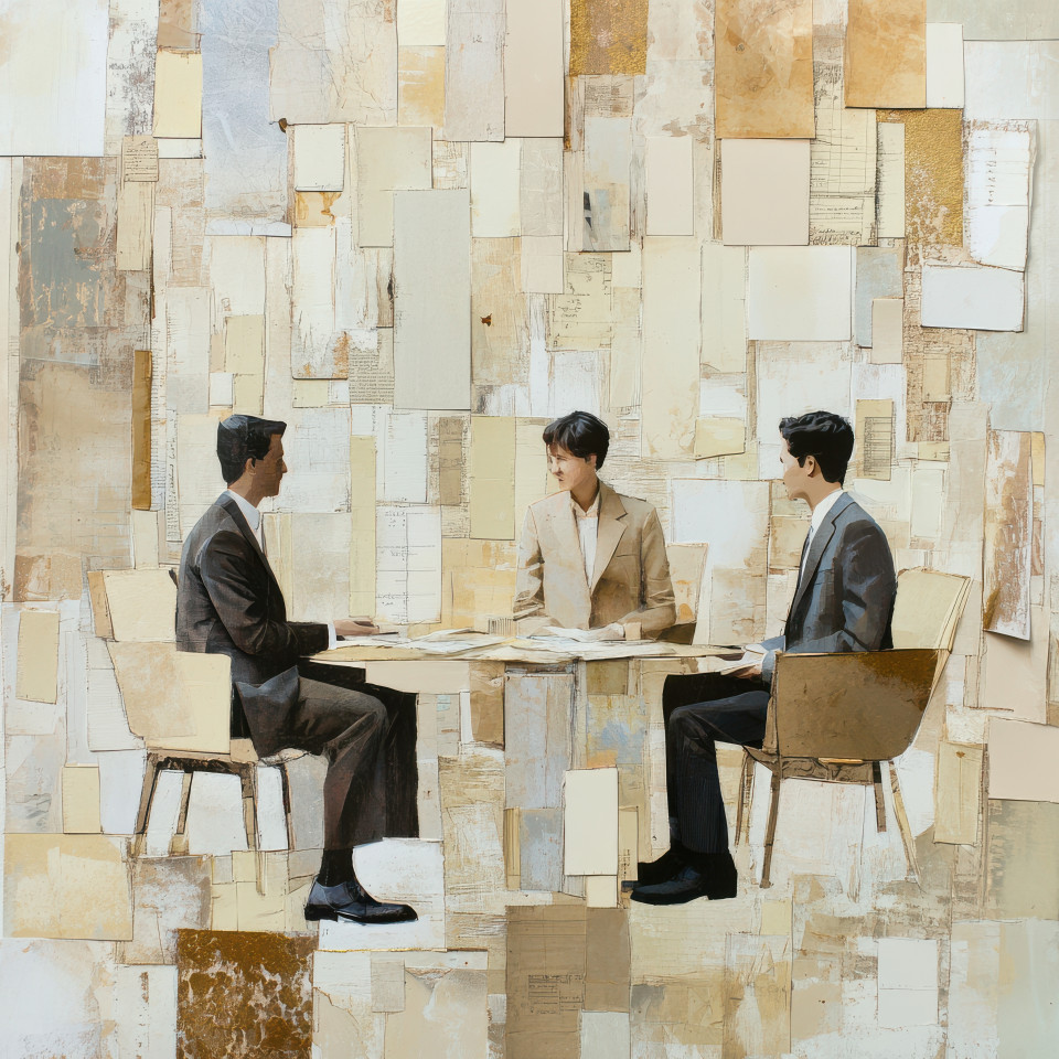 People in suits discussing in a modern office, crafted with layered paper textures in a mixed media collage style, the textures emphasize a corporate setting, ideal for white texture wallpaper