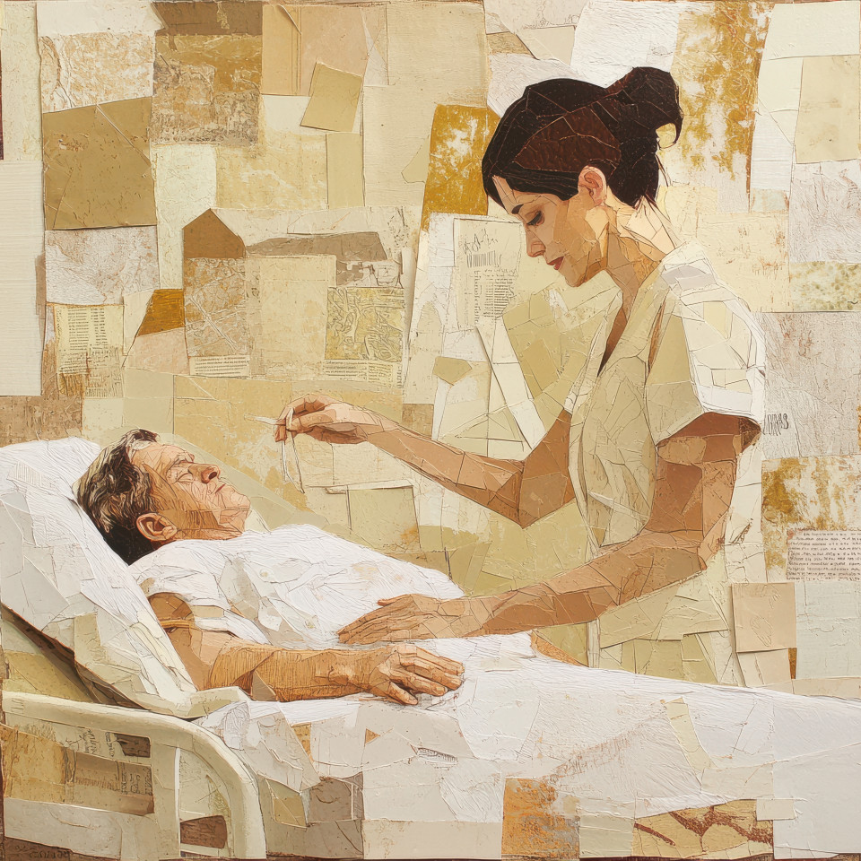 A nurse caring for a patient in a hospital room, intricately crafted with layered paper textures in a mixed media collage style, the soothing paper textures represent a caring atmosphere in healthcare