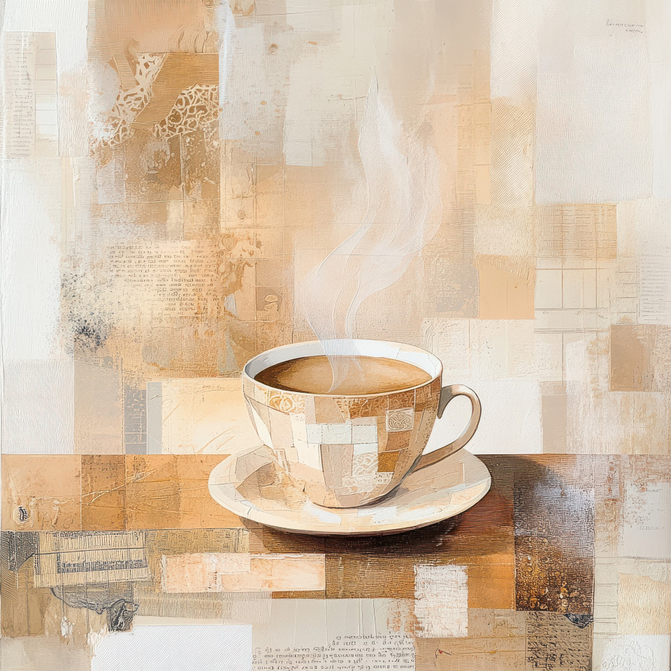A cup of steaming coffee on a wooden table, crafted with layered paper textures in a mixed media collage style, the warm textures complement the comfort of a relaxing coffee break