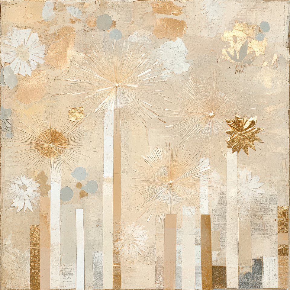 Fireworks lighting up the night sky, intricately crafted with layered paper textures in a mixed media collage art style, the textures highlight the festive mood, great for free paper texture enthusiasts