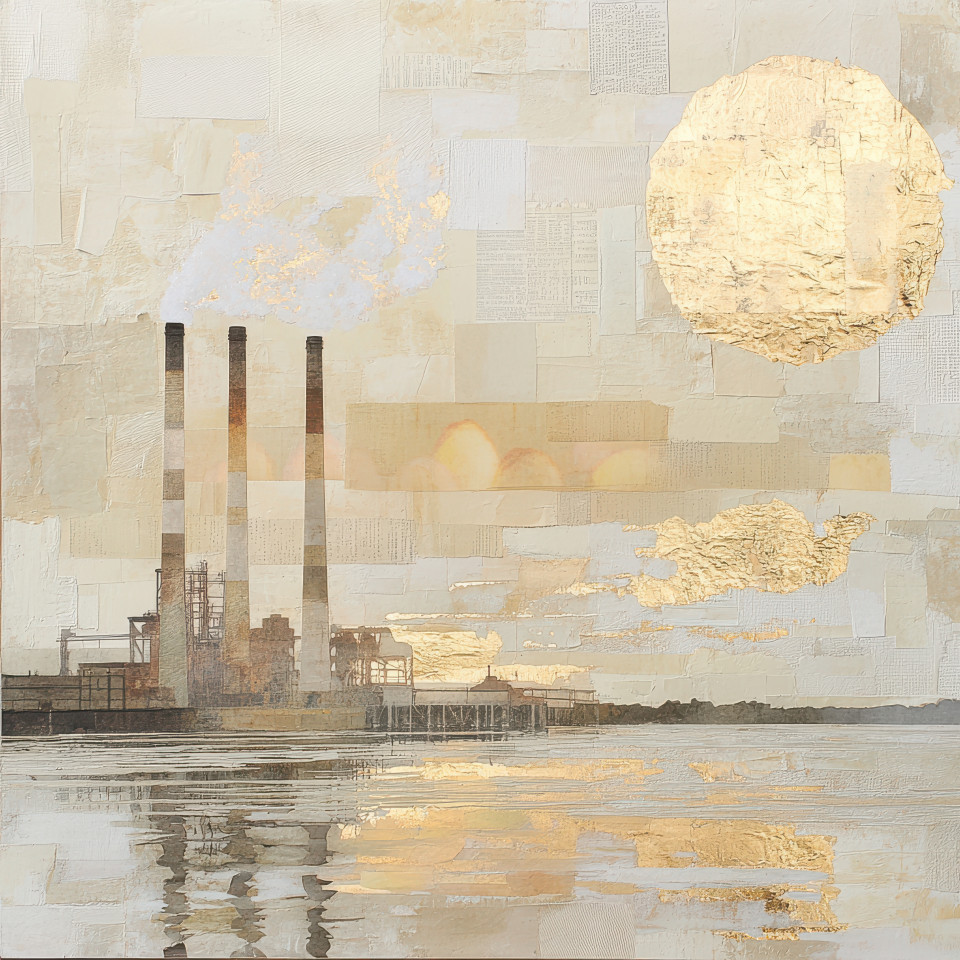 A factory with smokestacks at sunrise, crafted with layered paper textures in a mixed media collage style, the soft colors and textures reflect industrial beauty at dawn