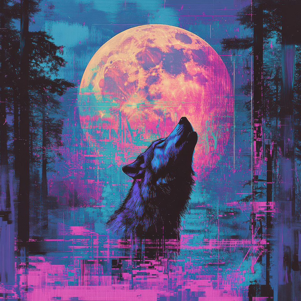 A wolf howling under a full moon in the forest, transformed into glitch art with digital distortion, fragmented visuals. a mesmerizing representation of nature's power in glitch artwork