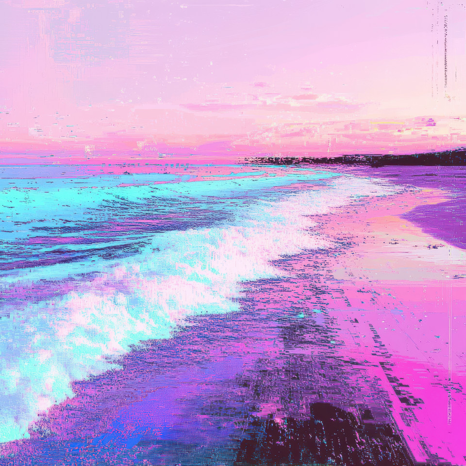 Waves crashing gently on a quiet, sandy shore, transformed into glitch art with digital distortion and fragmented visuals, creating a serene coastal scene with glitch artwork