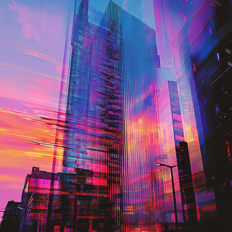 A modern skyscraper reflecting sunset colors, captured as glitch art with digital distortion and fragmented visuals, giving a unique look at urban architecture in glitch design