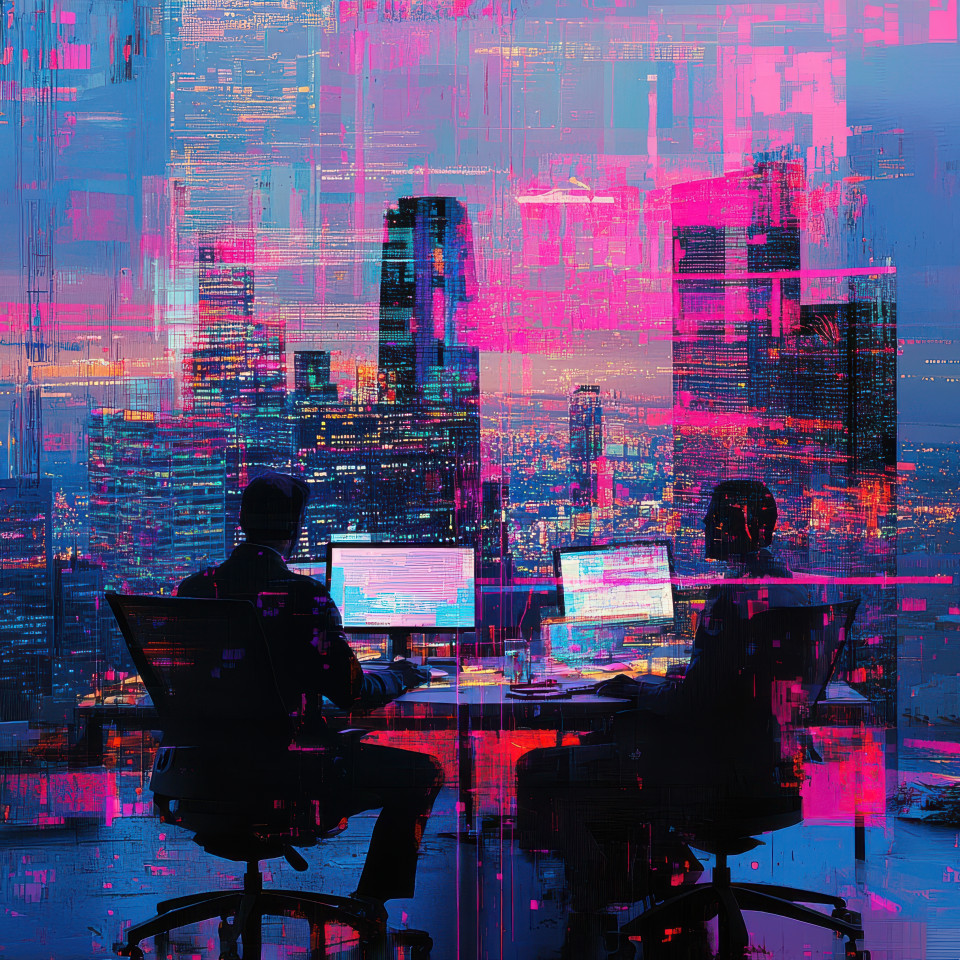 Financial analysts discussing market trends in an office, turned into glitch art with digital distortion and fragmented visuals, showing the world of finance through glitch artwork