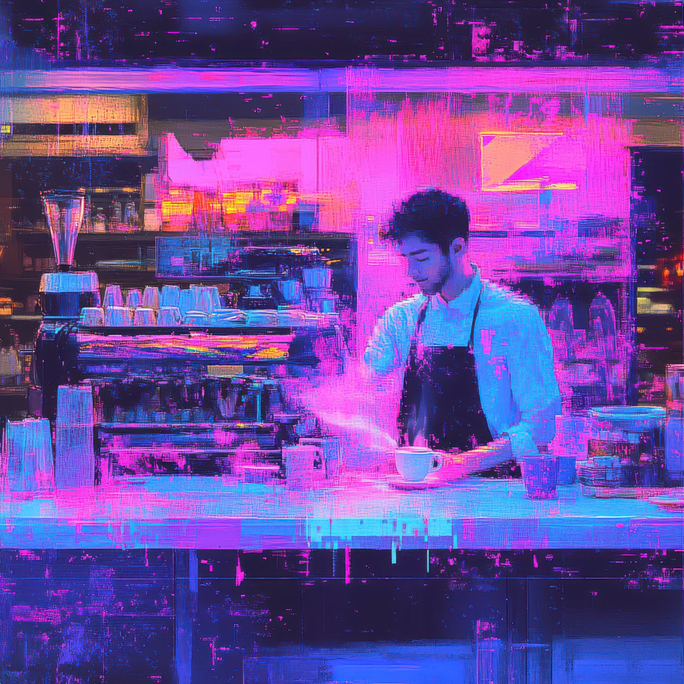 A barista steaming milk for a perfect cappuccino, transformed into glitch art with digital distortion and fragmented visuals, capturing the art of coffee-making in glitch design