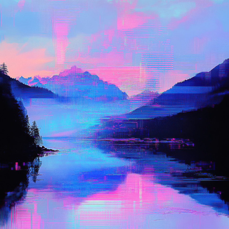 Mist rising from a serene mountain lake at dawn, transformed into glitch art with digital distortion and fragmented visuals, presenting natureâ€™s calm through glitch artwork