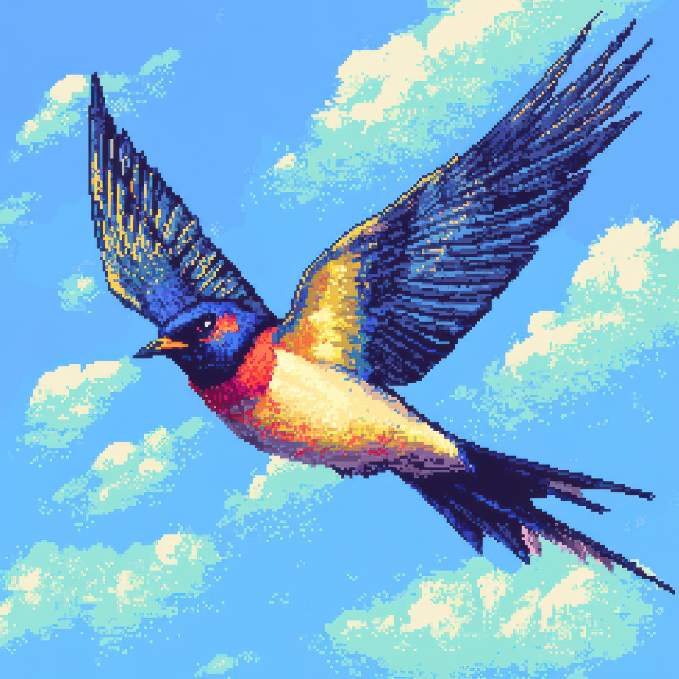 A swallow gracefully swooping through clear blue skies, with its wings spread wide, retro pixel art style captures the essence of freedom and flight, pixel drawing, pixel art maker